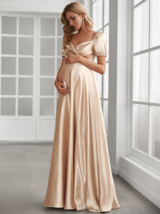 Color=Rose Gold | Puff Sleeves V Neck A Line Wholesale Maternity Dresses-Rose Gold 1