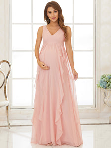 Color=Pink | Adorable Deep V Neck Floor-Length Wholesale Maternity Dresses-Pink 4