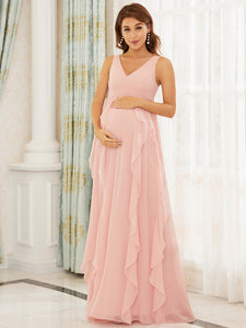 Color=Pink | Adorable Deep V Neck Floor-Length Wholesale Maternity Dresses-Pink 1