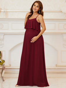 Color=Burgundy | A Line Floor Length Swinging Collar Wholesale Maternity Dresses-Burgundy 3