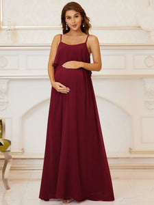 Color=Burgundy | A Line Floor Length Swinging Collar Wholesale Maternity Dresses-Burgundy 4