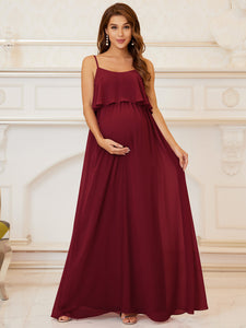 Color=Burgundy | A Line Floor Length Swinging Collar Wholesale Maternity Dresses-Burgundy 1