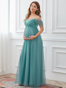 Color=Dusty blue | A Line Off Shoulders Floor Length Wholesale Maternity Dresses-Dusty blue 3