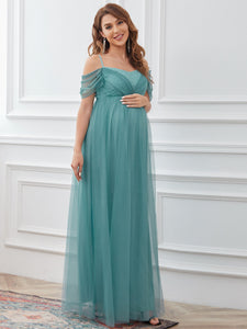 Color=Dusty blue | A Line Off Shoulders Floor Length Wholesale Maternity Dresses-Dusty blue 4