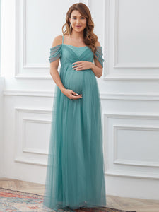 Color=Dusty blue | A Line Off Shoulders Floor Length Wholesale Maternity Dresses-Dusty blue 1