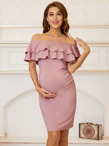 Color=Orchid | Off Shoulders Short Ruffle Sleeves Wholesale Maternity Dresses-Orchid 4