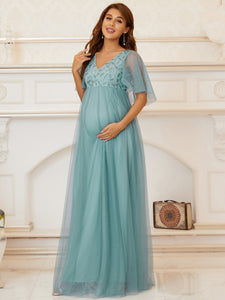 Color=Dusty blue | Short Pagoda Sleeves Deep V Neck Wholesale Maternity Dresses-Dusty blue 3