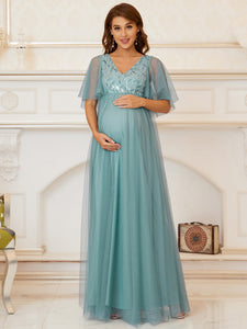 Color=Dusty blue | Short Pagoda Sleeves Deep V Neck Wholesale Maternity Dresses-Dusty blue 4