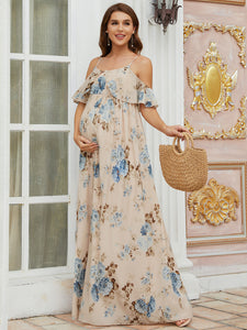 Color=Blush | A Line Floor Length Round Neck Wholesale Maternity Dresses-Blush 1