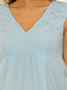 Color=Sky Blue | Gorgeous Sleeveless Deep V Neck Wholesale Maternity Dresses-Sky Blue 5