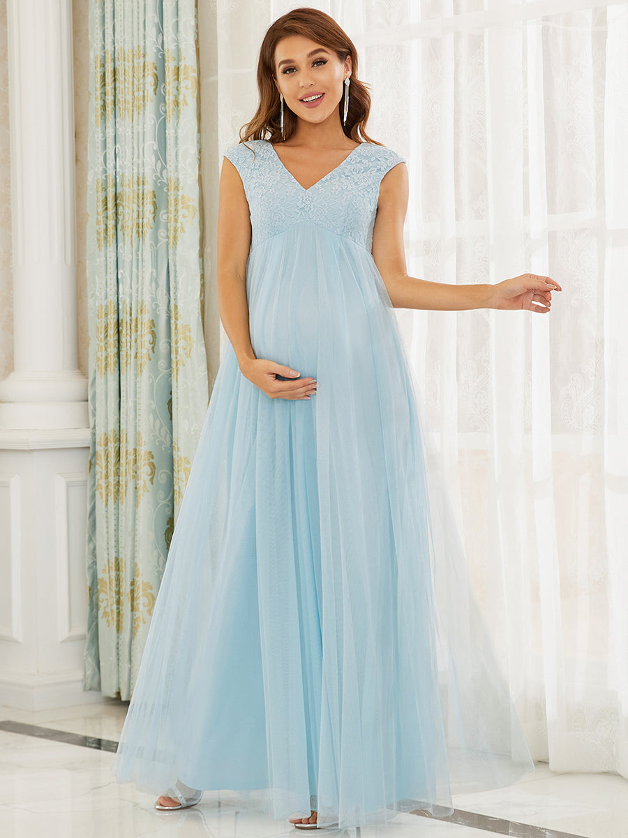 Color=Sky Blue | Gorgeous Sleeveless Deep V Neck Wholesale Maternity Dresses-Sky Blue 1