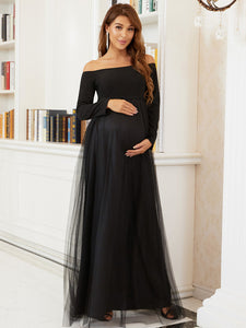 Color=Black | A Line Long Sleeves Off Shoulder Wholesale Maternity Dresses-Black 1