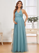 Load image into Gallery viewer, Color=Dusty blue | A Line Floor Length Halter Neck Wholesale Maternity Dresses-Dusty blue 4