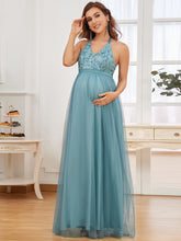 Load image into Gallery viewer, Color=Dusty blue | A Line Floor Length Halter Neck Wholesale Maternity Dresses-Dusty blue 2