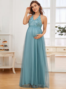 Color=Dusty blue | A Line Floor Length Halter Neck Wholesale Maternity Dresses-Dusty blue 2