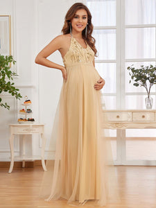 Color=Gold | A Line Floor Length Halter Neck Wholesale Maternity Dresses-Gold 3
