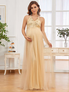 Color=Gold | A Line Floor Length Halter Neck Wholesale Maternity Dresses-Gold 4