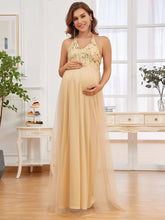 Load image into Gallery viewer, Color=Gold | A Line Floor Length Halter Neck Wholesale Maternity Dresses-Gold 1