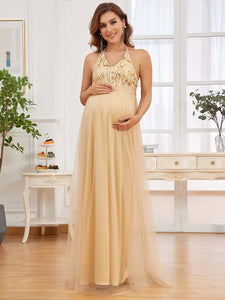 Color=Gold | A Line Floor Length Halter Neck Wholesale Maternity Dresses-Gold 1