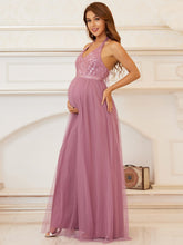Load image into Gallery viewer, Color=Orchid | A Line Floor Length Halter Neck Wholesale Maternity Dresses -Orchid 3