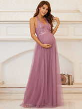 Load image into Gallery viewer, Color=Orchid | A Line Floor Length Halter Neck Wholesale Maternity Dresses -Orchid 4