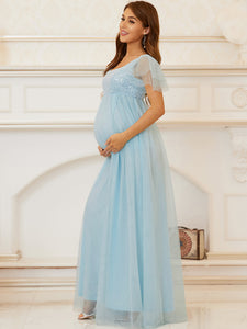 Color=Sky Blue | Square Neckline A Line Short Sleeves Wholesale Maternity Dresses-Sky Blue 3