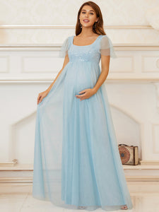 Color=Sky Blue | Square Neckline A Line Short Sleeves Wholesale Maternity Dresses-Sky Blue 4
