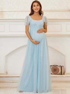 Color=Sky Blue | Square Neckline A Line Short Sleeves Wholesale Maternity Dresses-Sky Blue 1