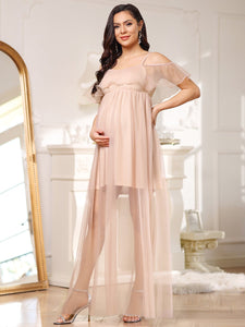 Color=Blush | Off Shoulder A Line Floor Length Wholesale Maternity Dresses-Blush 4