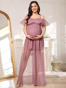 Color=Orchid | Off Shoulder A Line Floor Length Wholesale Maternity Dresses-Orchid 3