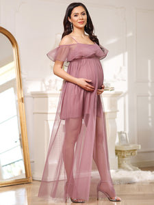 Color=Orchid | Off Shoulder A Line Floor Length Wholesale Maternity Dresses-Orchid 1
