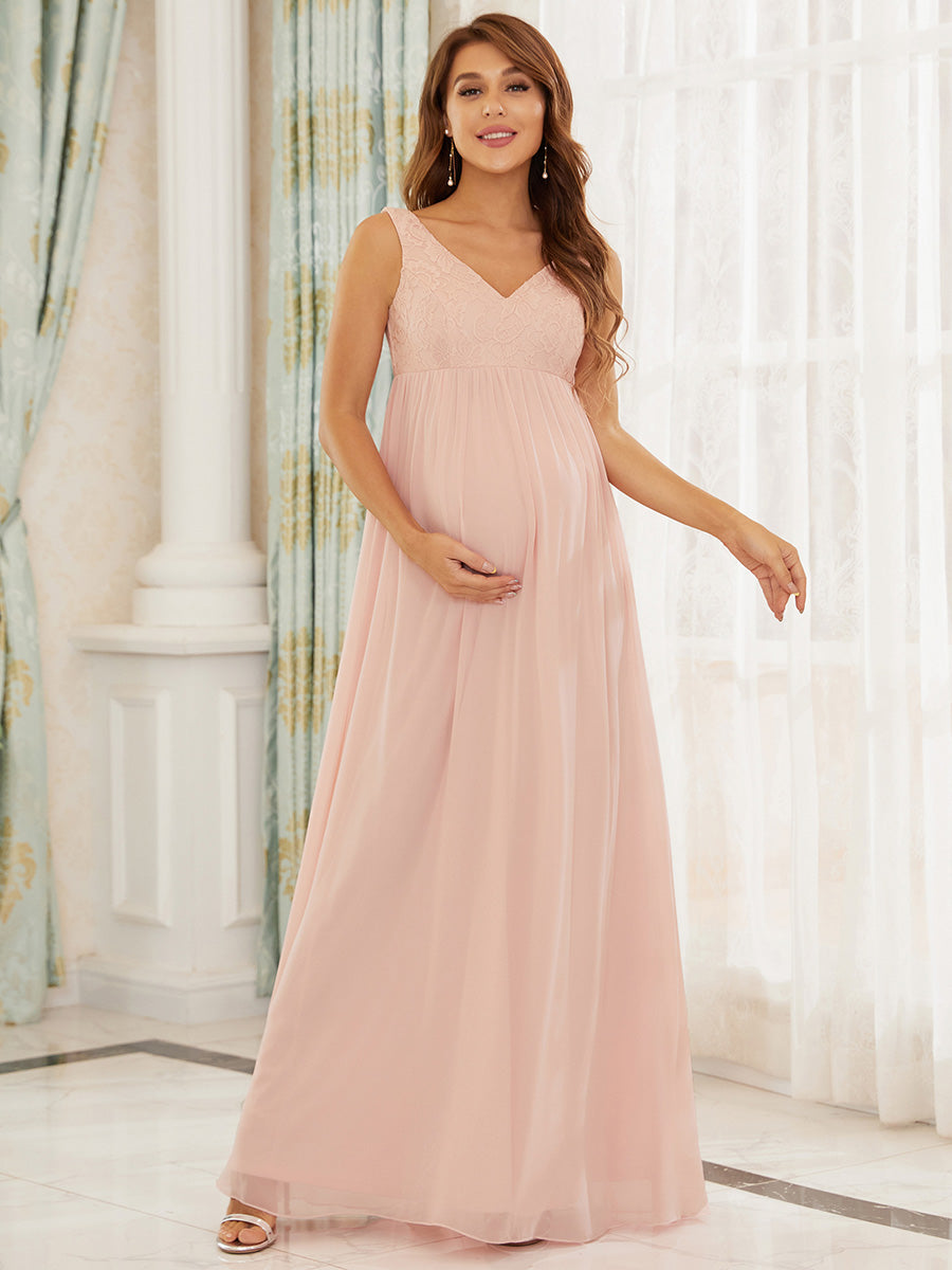 Color=Pink | Deep V Neck A Line Sleeveless Wholesale Maternity Dresses-Pink 1