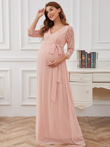 Color=Pink | Deep V-neck Long Sleeves A Line Wholesale Maternity Dresses-Pink 2