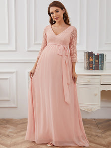 Color=Pink | Deep V-neck Long Sleeves A Line Wholesale Maternity Dresses-Pink 3