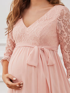 Color=Pink | Deep V-neck Long Sleeves A Line Wholesale Maternity Dresses-Pink 5