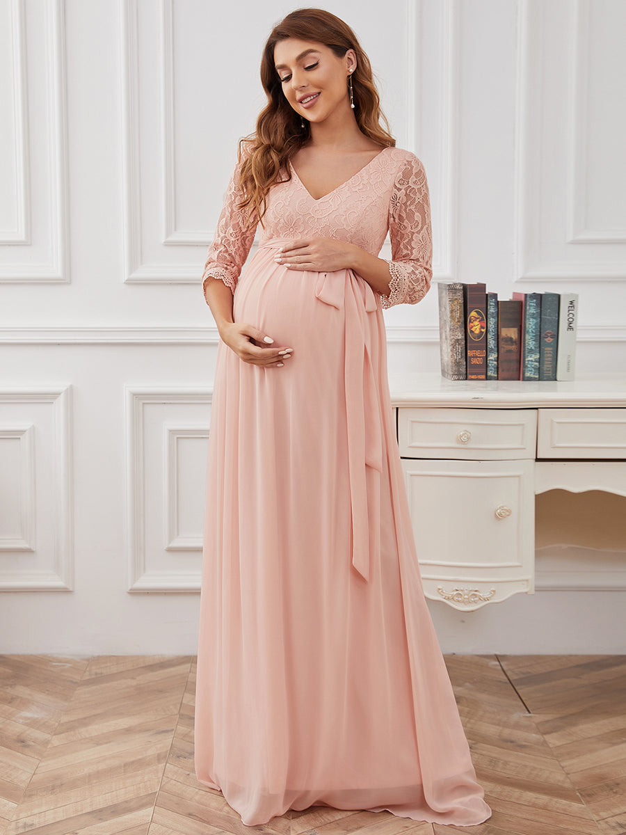 Color=Pink | Deep V-neck Long Sleeves A Line Wholesale Maternity Dresses-Pink 1