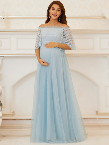 Color=Sky Blue | Adorable A Line Strapless Off Shoulder Wholesale Maternity Dresses-Sky Blue 1