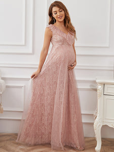 Color=Pink | Sleeveless A Line V Neck Floor Length Wholesale Maternity Dresses-Pink 2