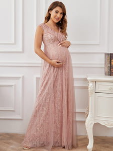 Color=Pink | Sleeveless A Line V Neck Floor Length Wholesale Maternity Dresses-Pink 3