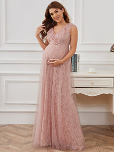 Color=Pink | Sleeveless A Line V Neck Floor Length Wholesale Maternity Dresses-Pink 1