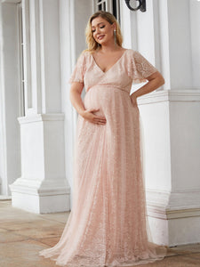 Color=Pink | Deep V-Neck A Line Short Sleeves Wholesale Maternity Dresses-Pink 2