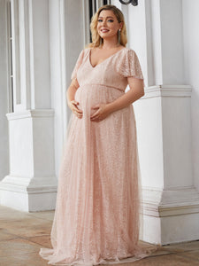Color=Pink | Deep V-Neck A Line Short Sleeves Wholesale Maternity Dresses-Pink 4