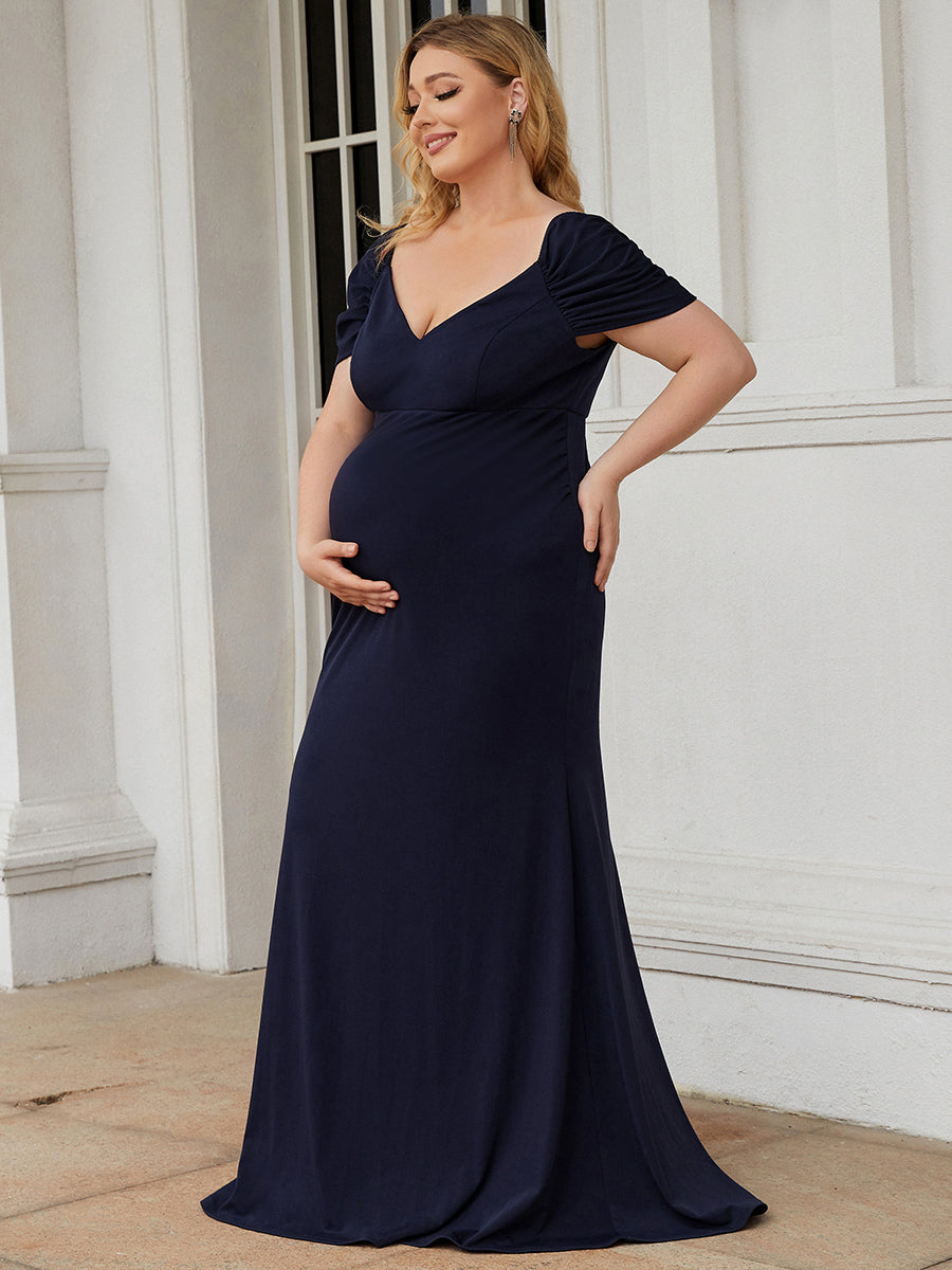 Color=Navy Blue | Sweetheart Neckline Short Sleeves Wholesale Maternity Dresses-Navy Blue 1