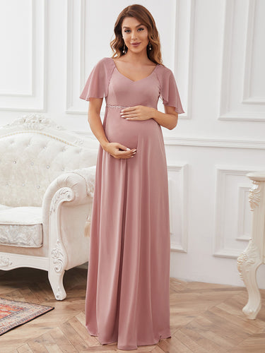 Color=Orchid | V Neck Floor Length Ruffle Sleeves Wholesale Maternity Dresses-Orchid 1