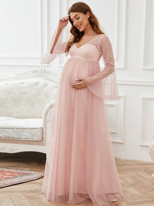 Color=Pink | Deep V Neck A Line Pagoda Sleeves Wholesale Maternity Dresses-Pink 2
