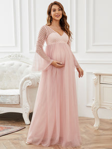 Color=Pink | Deep V Neck A Line Pagoda Sleeves Wholesale Maternity Dresses-Pink 1