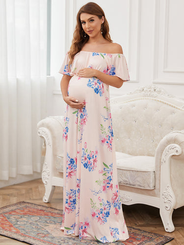 Color=Pink | A line Off Shoulders Ruffles Sleeves Wholesale Maternity Dresses-Pink 1