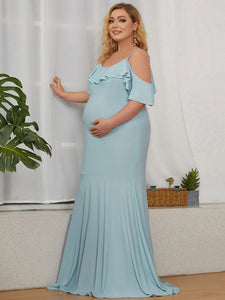 Color=Sky Blue | Floor-Length Ruffle Sleeves Straight Wholesale Maternity Dresses-Sky Blue 2