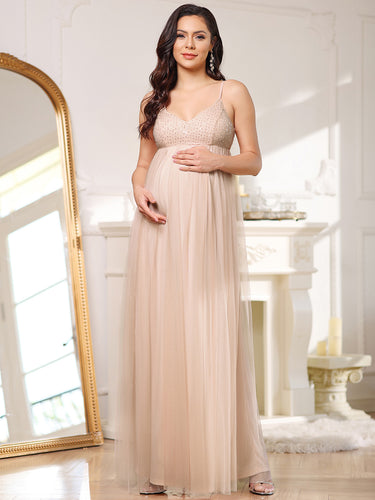 Color=Pink | Deep V Neck Floor-Length A Line Wholesale Maternity Dresses-Pink 1