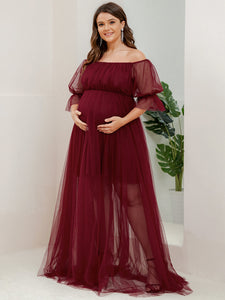 Color=Burgundy | A Line Short Puff Sleeves Wholesale Maternity Dresses-Burgundy 3